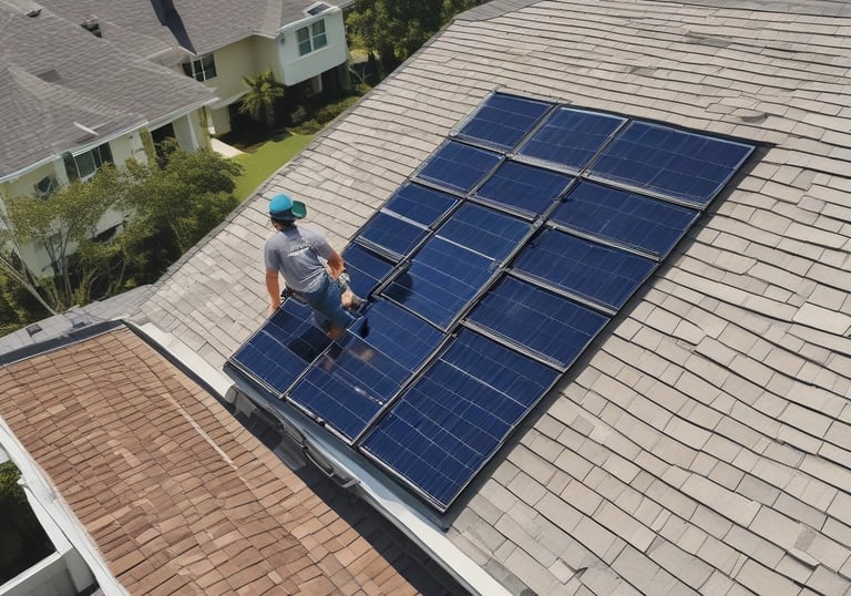A person is installing solar panels on a metal rooftop with lush green hills in the background. The person is kneeling and using tools to secure the panels. The surrounding environment appears to be a natural, scenic area.