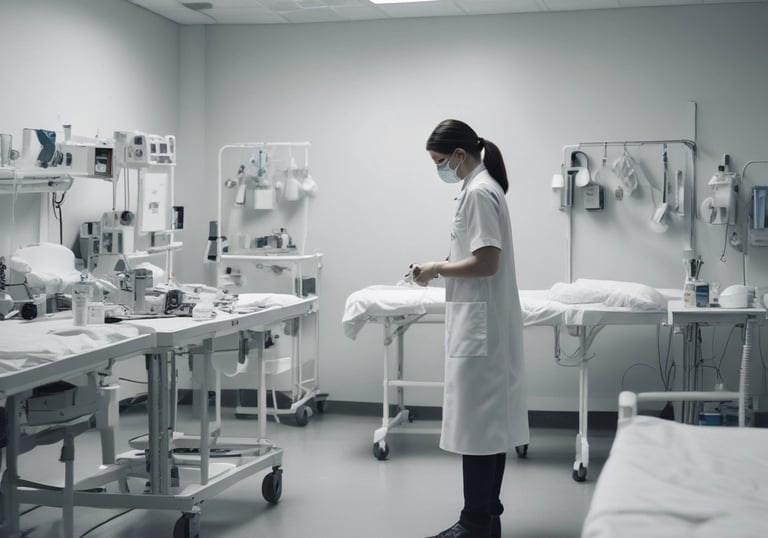 A large hospital ward filled with beds, where several patients are either sitting or lying down. Two nurses in white uniforms are standing to the right, attending to patients. The room is decorated with garlands and paper lanterns, suggesting a festive or ceremonial atmosphere.