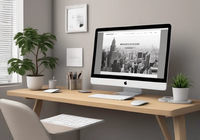 A smartphone displaying a Shopify webpage with the text 'Start your business' rests on a white surface. Next to it lies a closed notebook with geometric shapes on its cover and a sharpened pencil. A small succulent plant is visible in the top left corner.