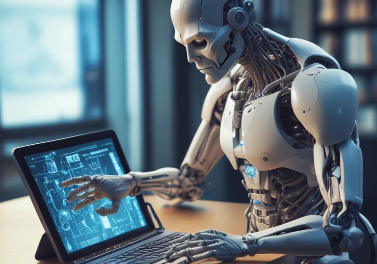 A high-tech suit displayed in a futuristic setting, illuminated by focused lighting. The surroundings include digital screens showing technical data and designs related to the suit. The environment appears to be a lab or exhibit with metallic and technological elements.