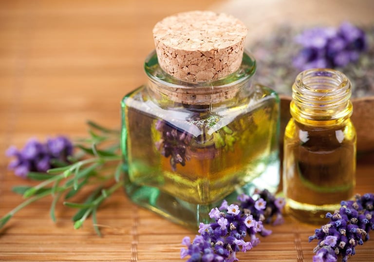 Glass bottles with cork stoppers containing Lavender-flavoured Argan oil