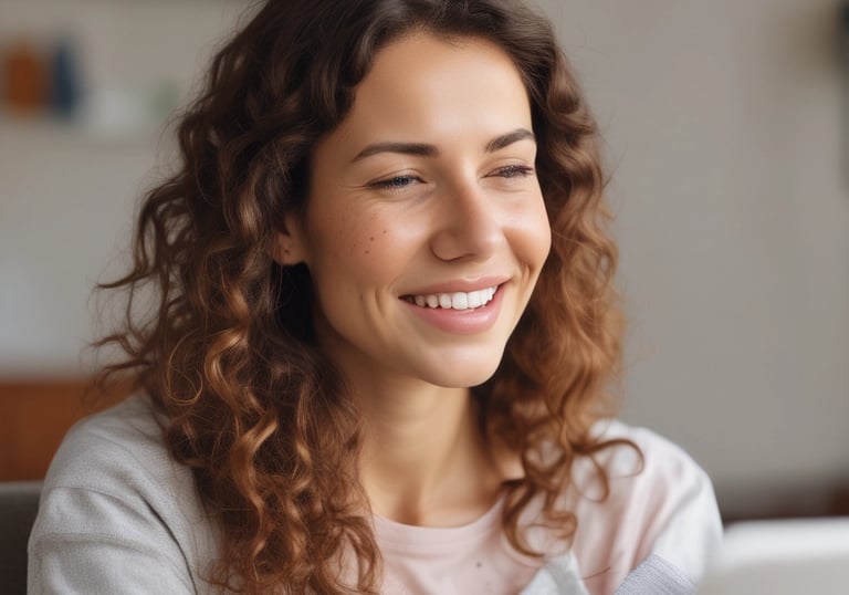 Smiling woman with long curly brown hair working on a laptop at home.