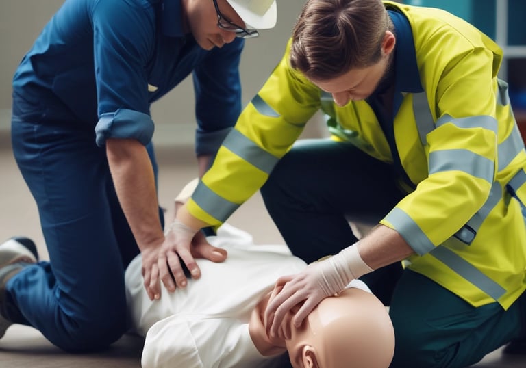 Close-up of hands performing CPR on a training mannequin during a first aid course.