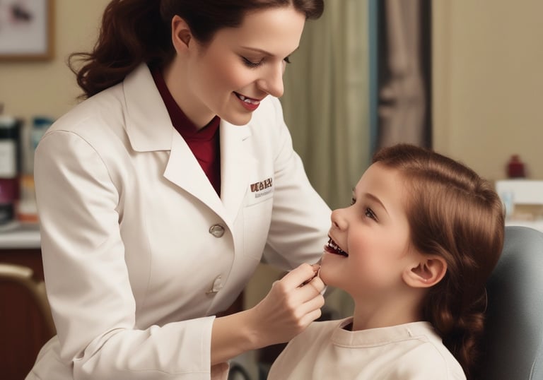 A person in a blue shirt with the logo 'Angels for Humanity' provides dental care to a young patient lying on a dental chair. The setting appears to be a makeshift dental clinic with blue medical equipment and supplies on tables. Other team members in similar attire are visible in the background, some attending to other patients.