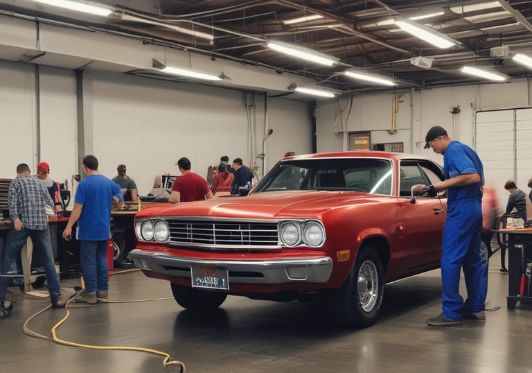 Wide shot of a clean automotive workshop with multiple luxury cars being serviced.