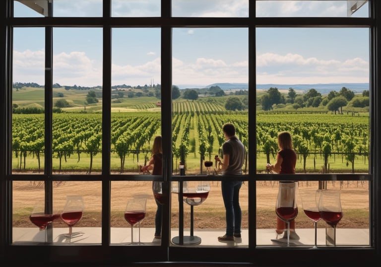 A beautifully arranged tasting room with wine glasses and oak barrels.