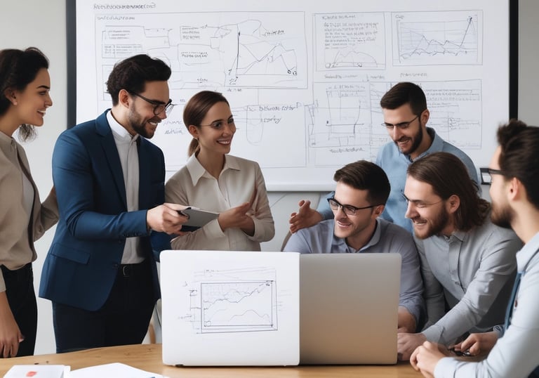A diverse team collaborating around a modern workspace with laptops and digital devices.