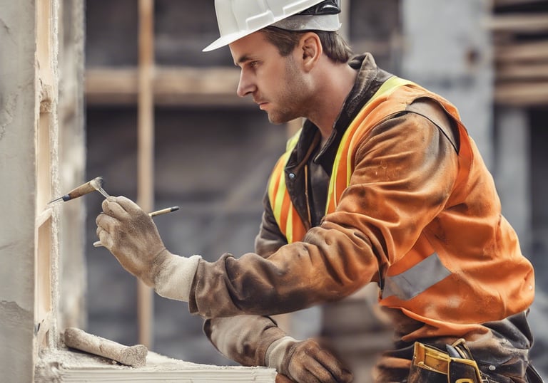 man in brown and white plaid dress shirt and yellow hard hat holding black and orange