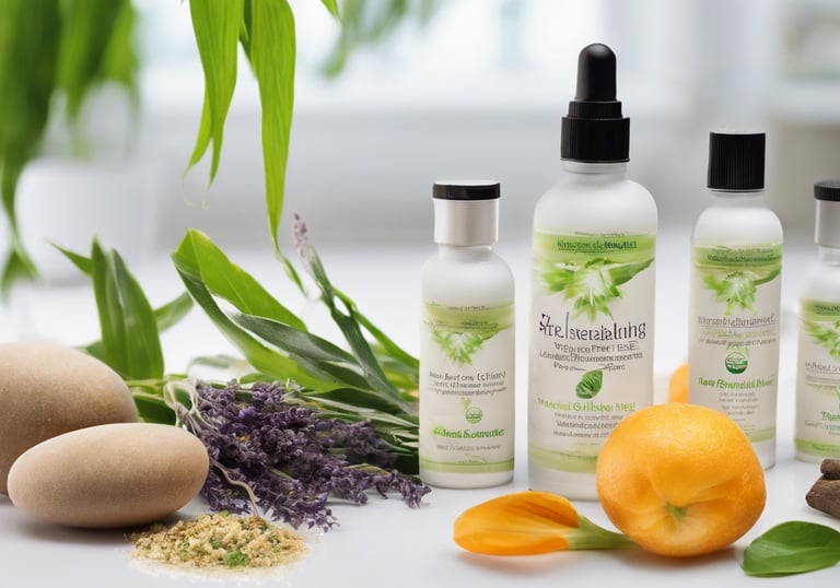 a variety of skin care products including a bottle of soap