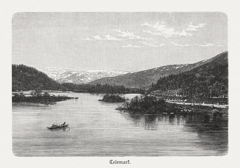 An old pen and ink drawing of mountains and a lake in Telemark