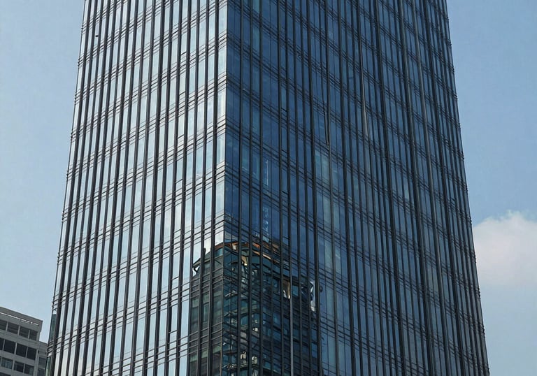 An architectural shot of a modern corporate headquarters in Jakarta's central business district during a clear day. The building's glass facade reflects the professional and transparent nature of the business.