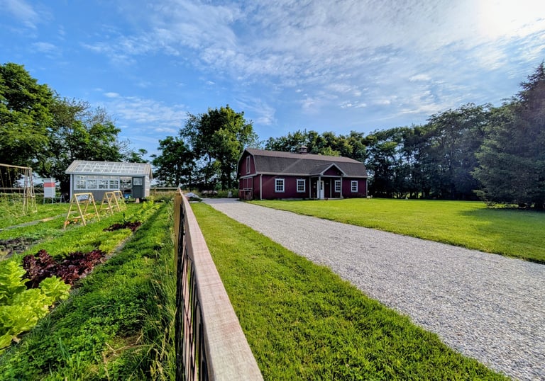 A sunny image of a barn, greenhouse, and garden