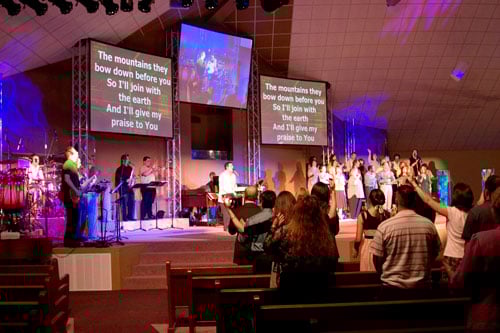People worshipping and singing in church