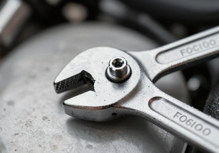 A close-up of a torque wrench on a chrome motorcycle bolt, symbolizing precision and honest craft. Lighting is clear and professional with #606060 and #F5F5F5 tones.