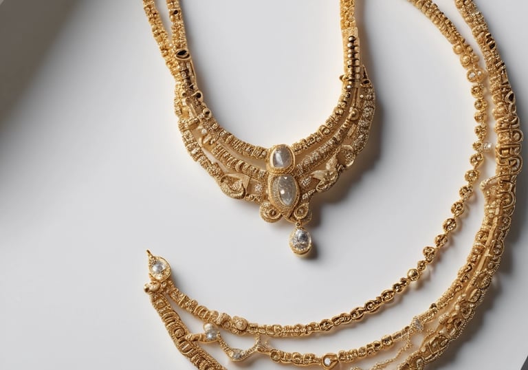 Simple and elegant necklaces with golden tones laid out on a white marble surface