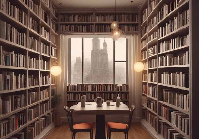 A serene study corner with a stack of published books, an ivory candle, and a vintage ink bottle.