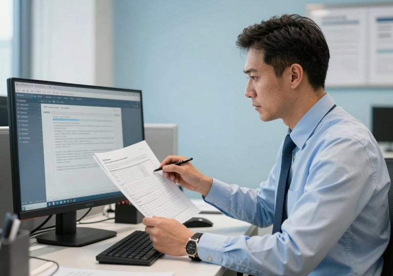 A professional tax consultant in a North American / US office environment reviewing digital documents on a monitor. The room is decorated in sky blue and pearl white tones.