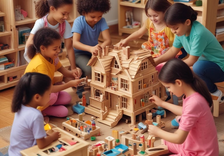 A group of children are engaged in play around a large, wooden dollhouse. The dollhouse is well-crafted with various rooms and pieces of furniture. Dolls are placed throughout, and the children appear to be interacting with the dolls and the house. The children are focused and seem to be enjoying their imaginative play. The scene is well-lit and the background is plain, enhancing the focus on the children and the dollhouse.