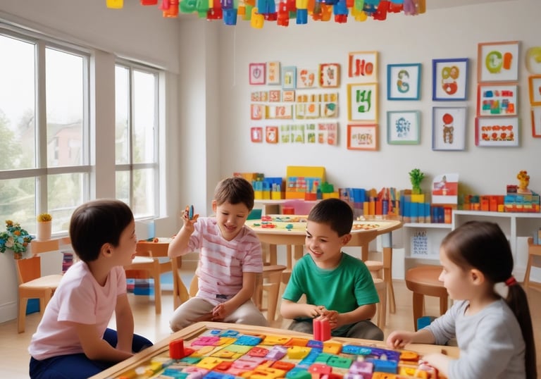 Brightly colored magnetic letters and shapes arranged on a black surface. Different colors and shapes give a playful and educational feel. Text reads 'FUN WITH KIDS' made up of various colorful letters and accompanied by several playful magnets depicting different objects.