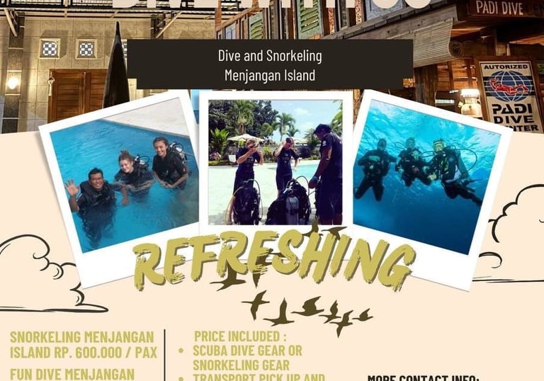 a flyer for a dive and snorkel in the national park menjangan island north bali