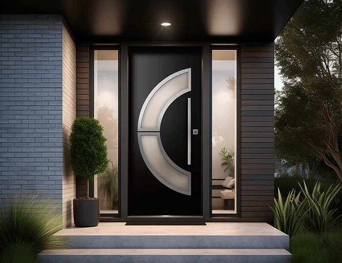a modern front door with a circular glass door