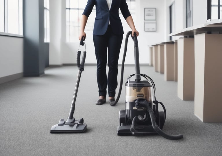 A professional cleaning technician using a vacuum on a plush carpet in a cozy room.