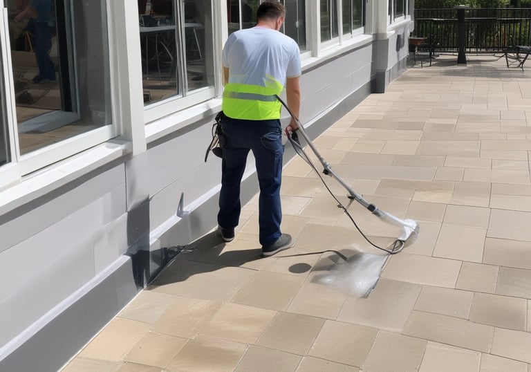 A professional cleaning technician using a vacuum on a plush carpet in a cozy room.