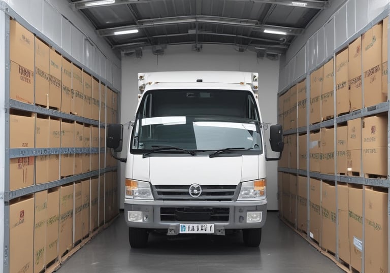 A delivery truck loaded with medical equipment parked outside a hospital.