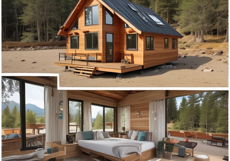 A black, minimalistic tiny house on wheels is situated in a forested area. The house features a small window and a door with a light above it. There's a picnic table in front on a gravel ground. The surrounding is dense with tall trees, and the ambiance feels serene and secluded.