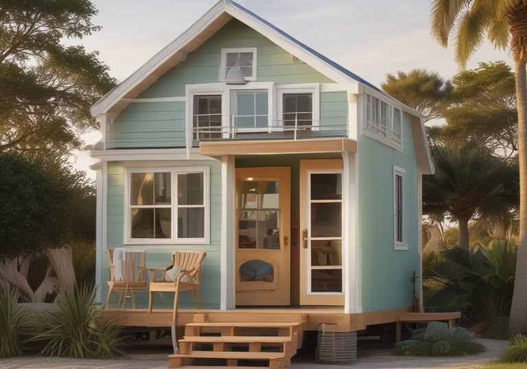 A small, modern tiny house on wheels is situated in a grassy field surrounded by tall trees. The structure is painted in a subdued grayish-blue color and features a window and a small outdoor deck with a table and chairs.
