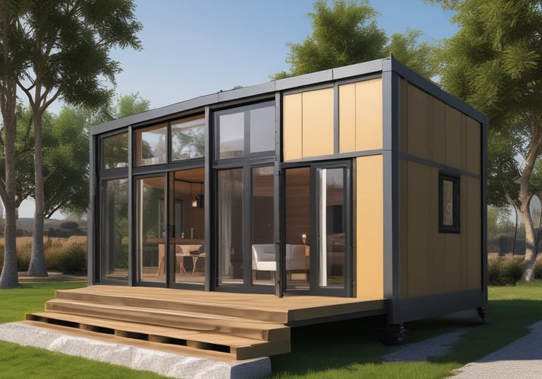 A modern, black tiny house with a single door and a small staircase leading up to it is located in a wooded area. The house features a sleek design with a few windows and is mounted on wheels. The surrounding environment is lush with greenery, and there is a picnic table nearby.