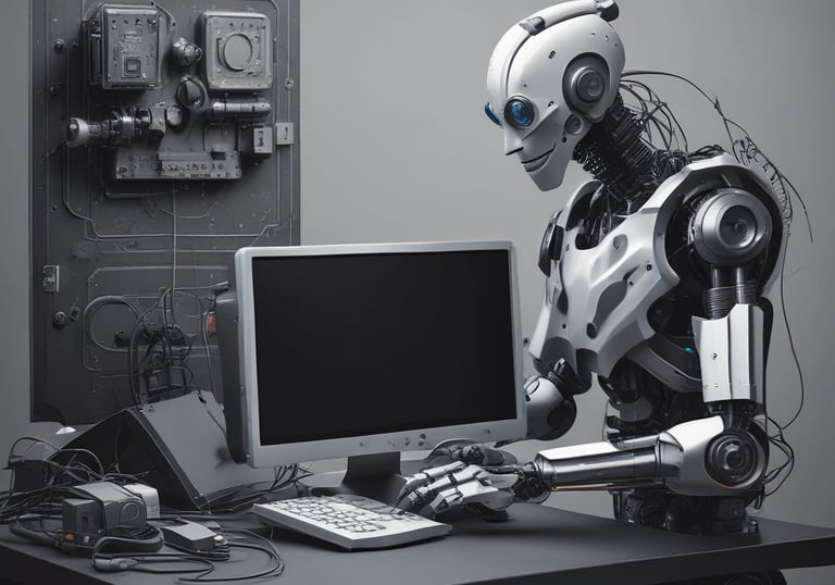 A small, round robot with a smooth white surface and blue accents operates a blue laptop on a sleek, floating platform. The robot has glowing eyes and an antenna on its head, with an 'AI' emblem on its front.