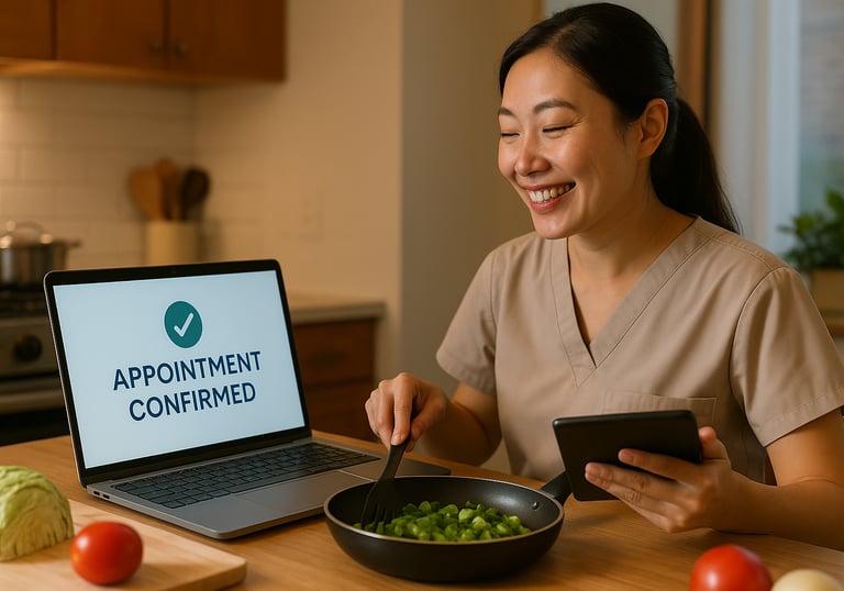 Asian female doctor smiling at computer showing appointment confirmation.