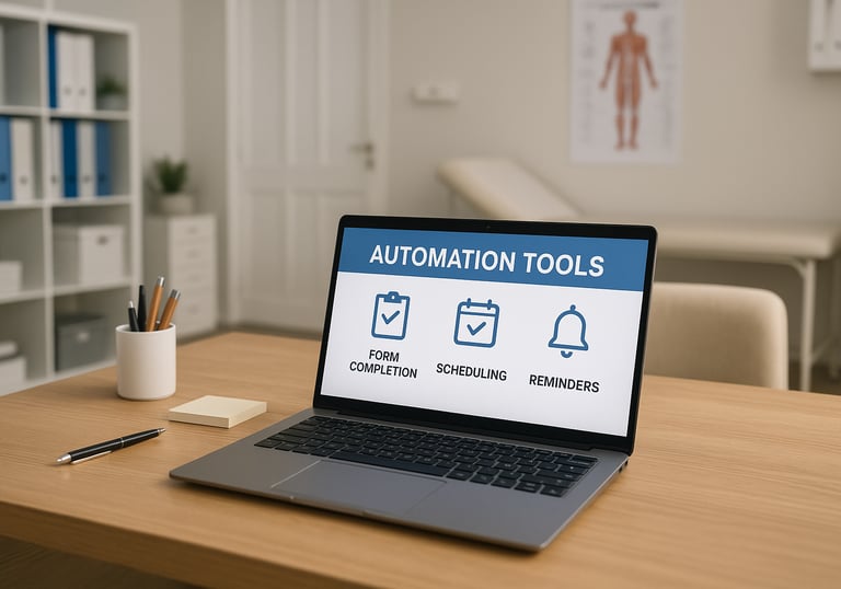 Small medical office replacing paperwork with laptop running automation tools.