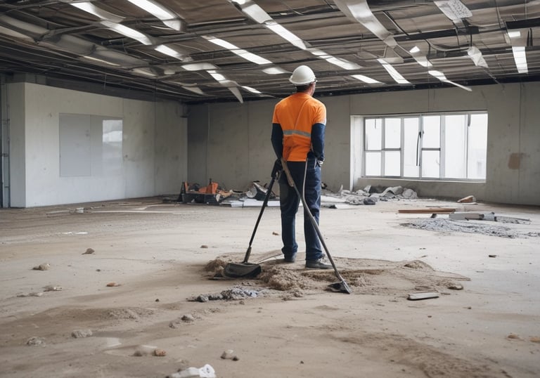 Professional cleaner wearing gloves and mask, carefully cleaning a construction site floor.