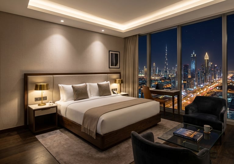 Warm-dimming integration in a luxury suite, maintaining a cozy 2200K ambiance.