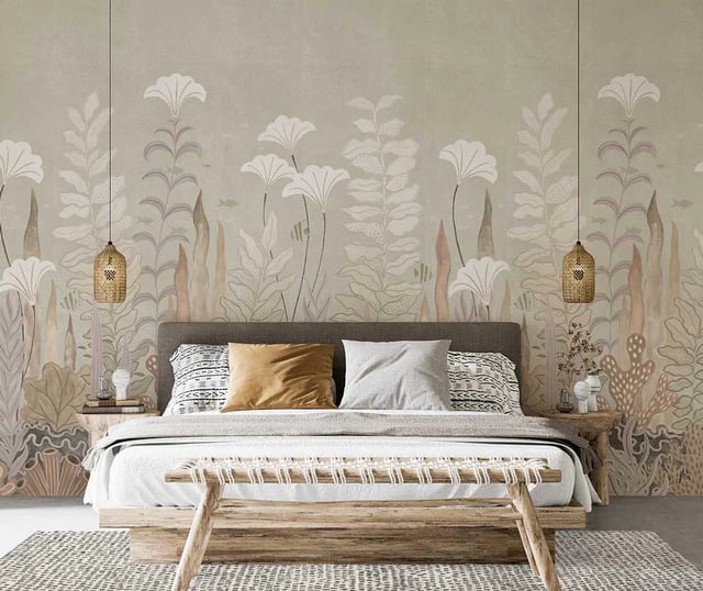 Modern bedroom with floral wall mural, wooden bed frame, and woven pendant lights.