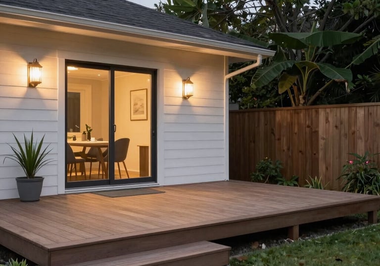 A man and woman stand in a rustic kitchen with wooden cabinets and a patterned curtain. They are holding a large rectangular sign advertising windows, roofing, doors, and siding, featuring a logo and contact number. The kitchen counter has various items, including a dish rack and some utensils.