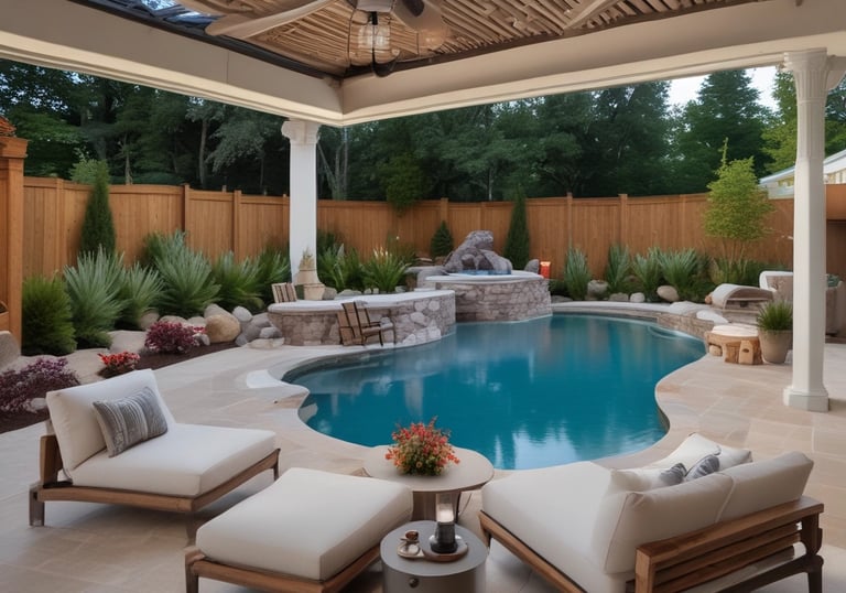 A modern outdoor living space featuring a covered patio with a ceiling fan and integrated lighting. To the left, there is an outdoor kitchen equipped with a grill, countertops, and bar stools. The center has a dining table with chairs, and on the right is a lounge area with a sofa and coffee table. The patio overlooks a pool and lush green lawn. There are decorative plants and a blue sky with some clouds.