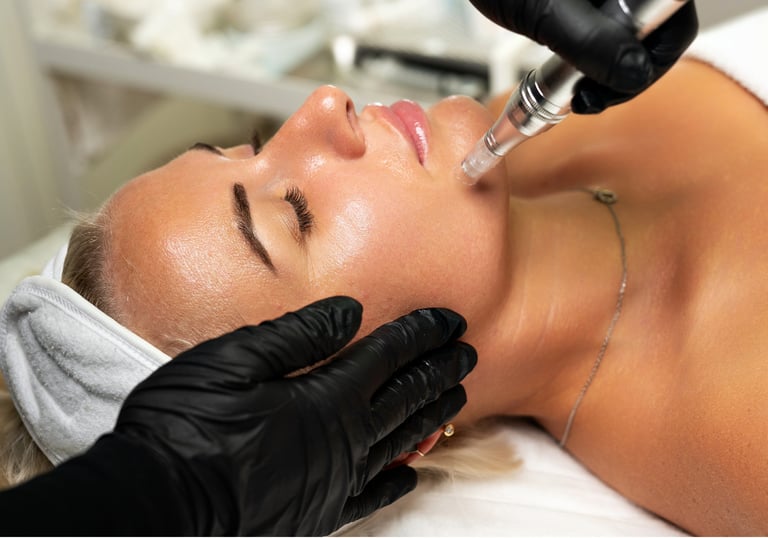 Professional facial microneedling treatment on a woman's face for skin rejuvenation and collagen production.