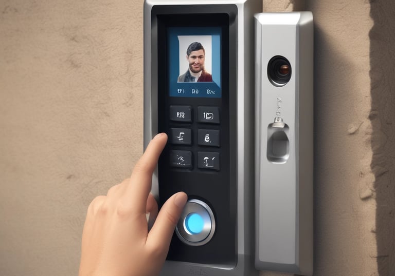 A modern access control system featuring a fingerprint reader and a video door phone.