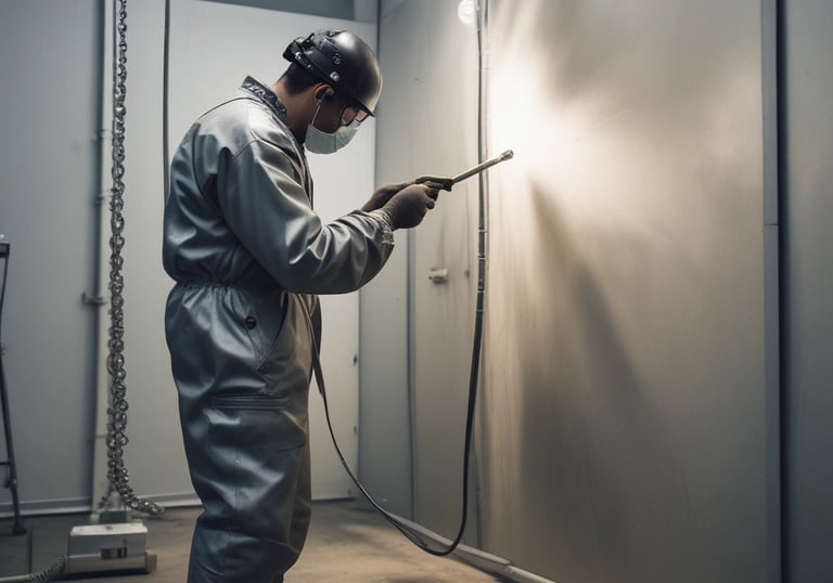 A photo of industrial equipment being sandblasted, showcasing the preparation process.