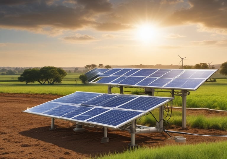 A solar panel is positioned among lush greenery, with large leaves and a tree trunk providing a natural backdrop. The sunlight casts soft shadows across the panel, highlighting its photovoltaic cells.