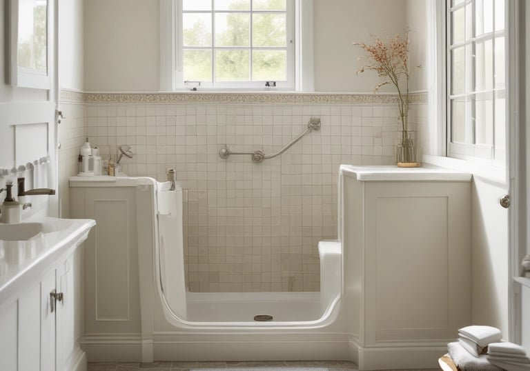 A modern bathroom featuring a white built-in bathtub with chrome fixtures including a handheld shower head attached to the wall. The bathtub is set against a glass wall with a blue hue, providing a contemporary look. Adjacent to the bathtub is a dark wicker basket for storage. The walls and floor are covered with beige tiles, adding a warm tone to the space.