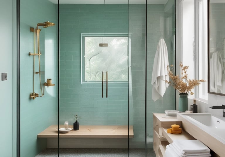A clean and elegant bathroom features a large white bathtub with a modern design. At the front of the tub, there are neatly folded white towels and a textured blue bath mat draped over the edge. To the right, a potted orchid with purple flowers adds a touch of nature and color. Next to the orchid, two bottles of liquid soap or lotion are arranged near the faucet. The walls surrounding the tub are partially tiled with earthy-colored tiles, and a framed artwork hangs above the tub. A window on the left side lets natural light illuminate the space.