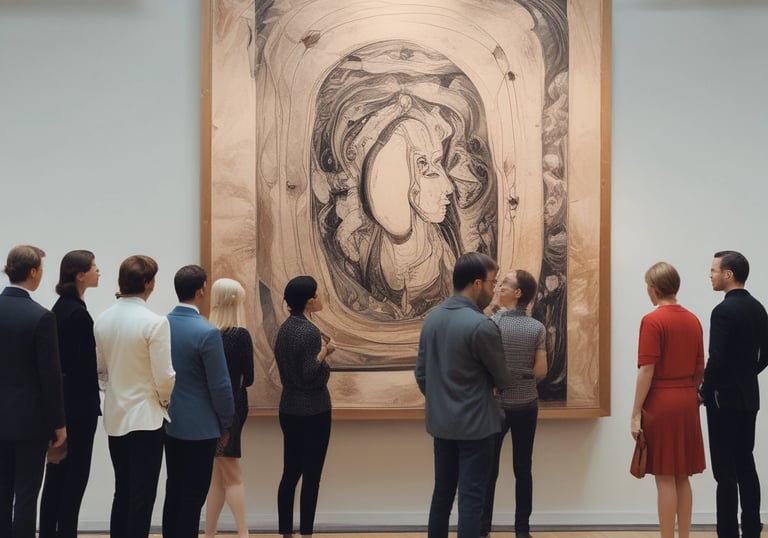 A group of people at a museum gallery, looking in awe at a picture on the wall.