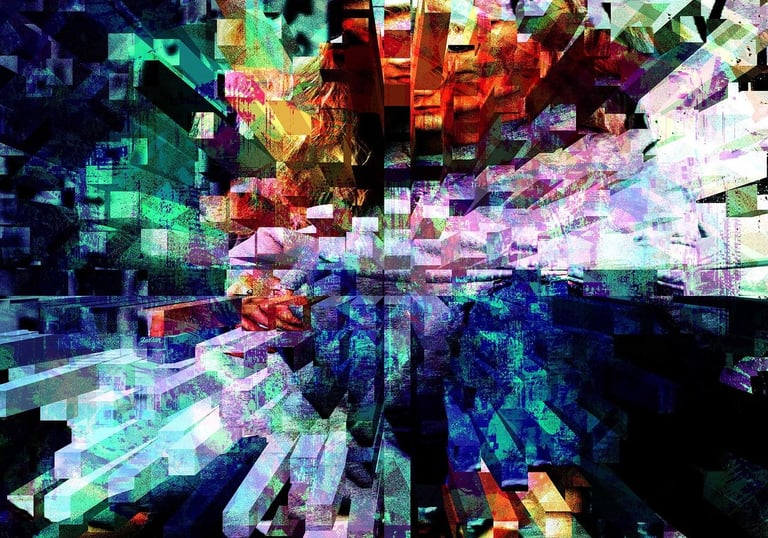 Neon glitch visual with pixel errors and broken lines