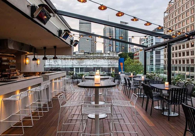 a rooftop bar with a view of the city