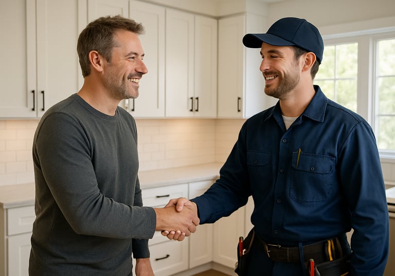 A satisfied homeowner shaking hands with a professional electrician in a bright North American kitchen, both smiling, conveying trust and satisfaction.