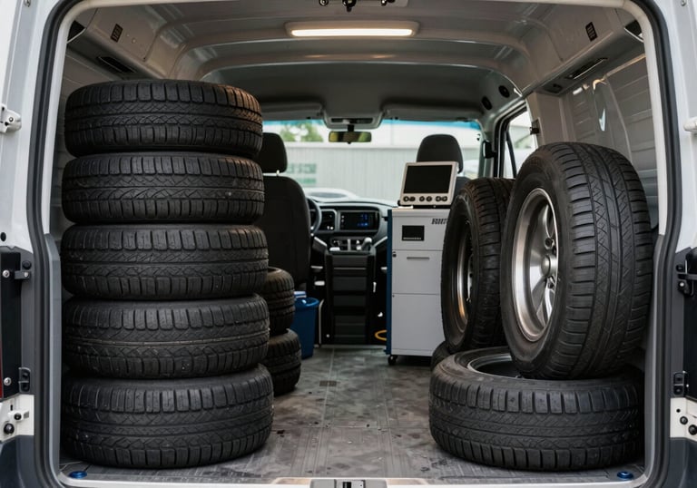 Inside of a well-organized mobile tire service van, showing rows of premium tires and clean, modern equipment.